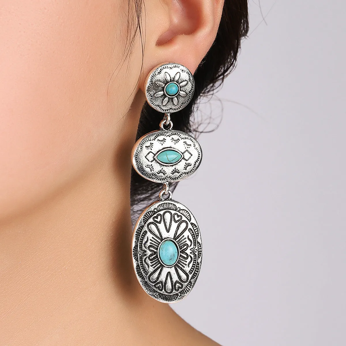 Retro Turquoise Oval Dangle Earrings - Ships from The US