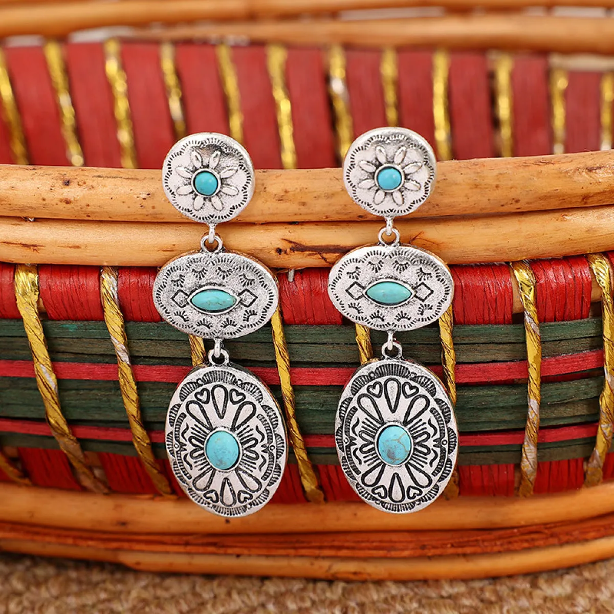 Retro Turquoise Oval Dangle Earrings - Ships from The US