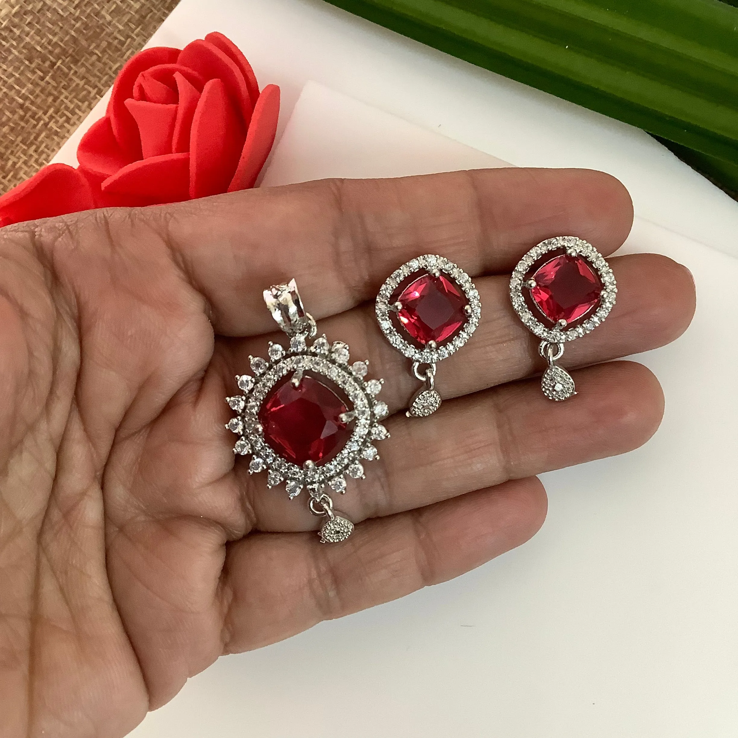 Salvanity American Diamond Pendant Set with earrings - Poornima - Ruby Red