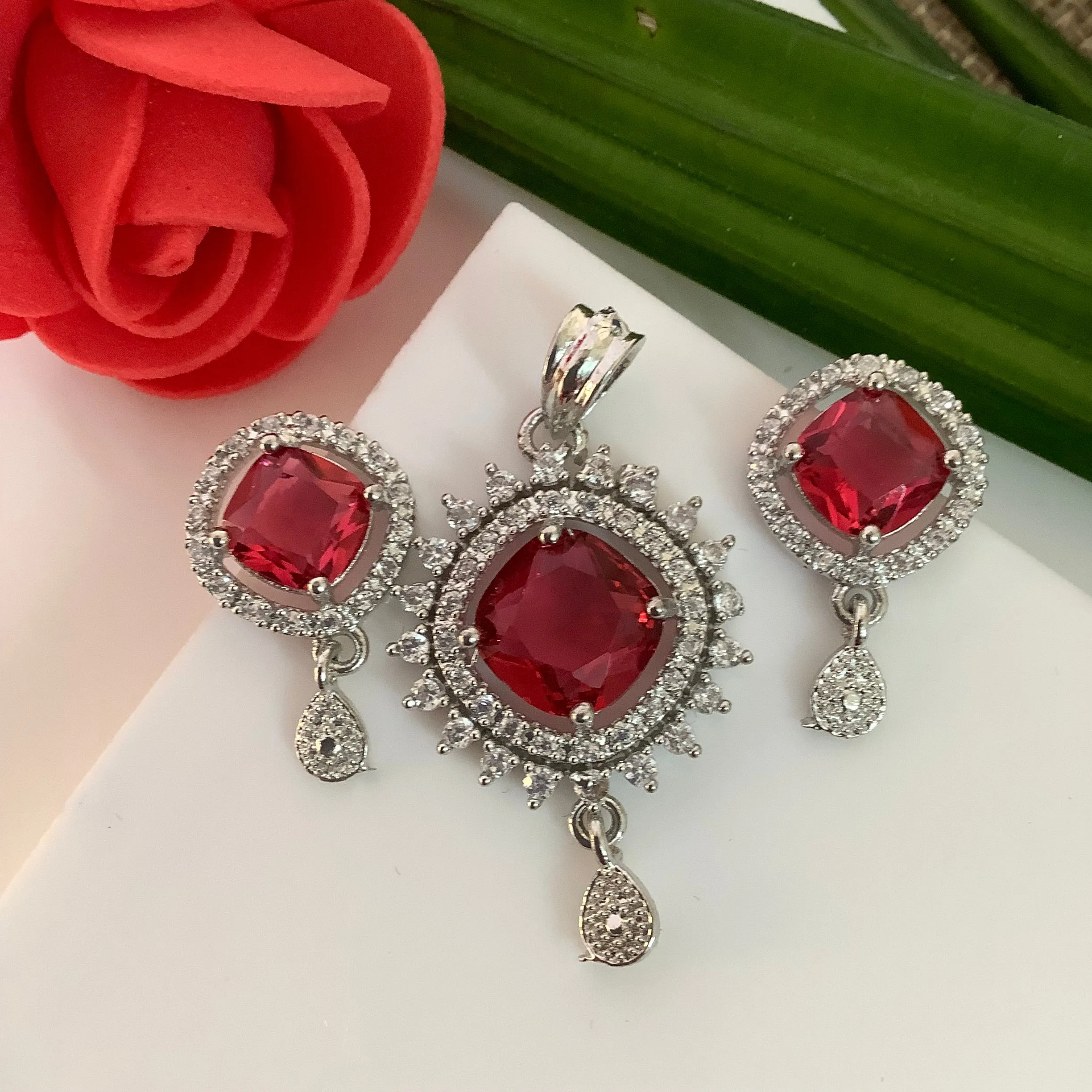 Salvanity American Diamond Pendant Set with earrings - Poornima - Ruby Red