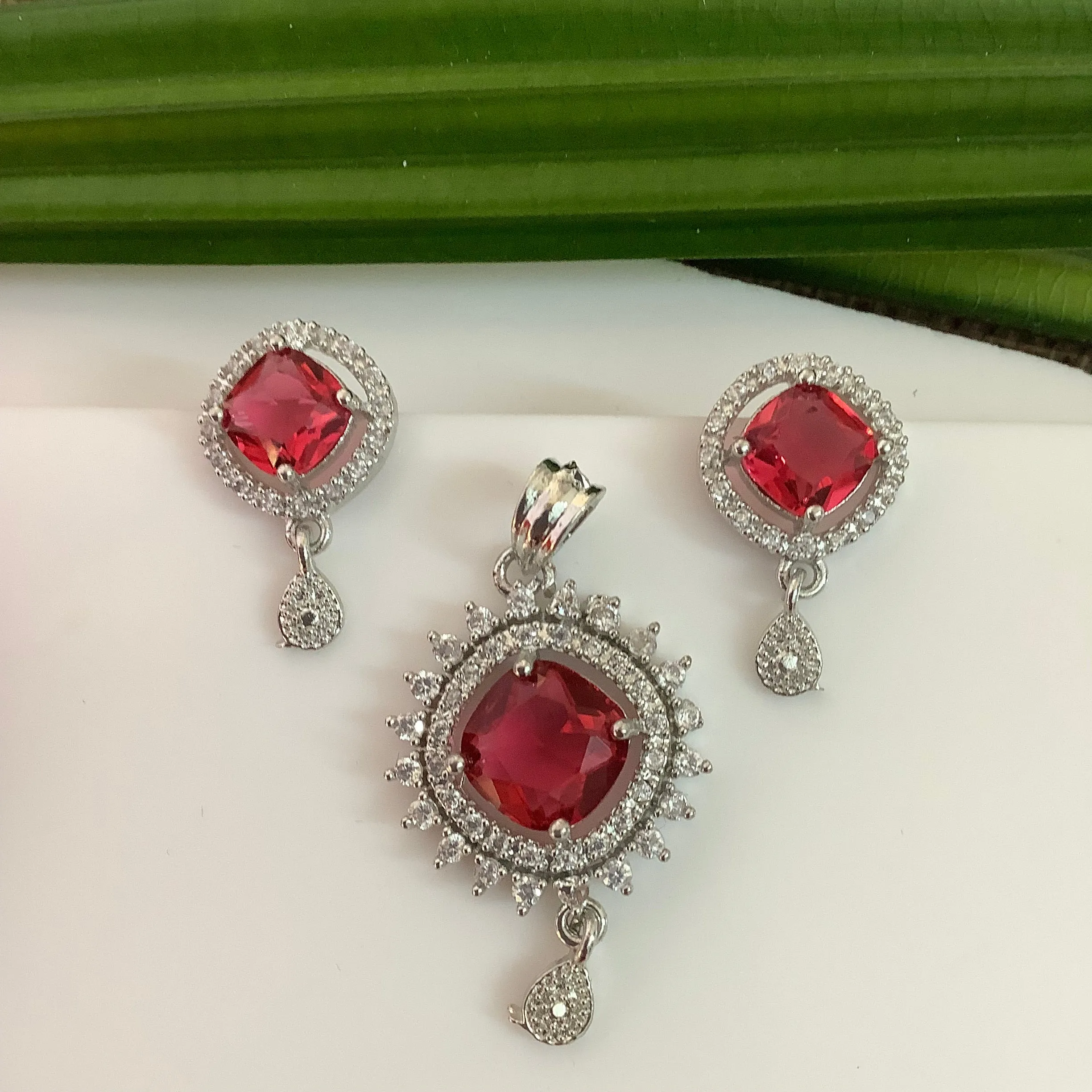 Salvanity American Diamond Pendant Set with earrings - Poornima - Ruby Red