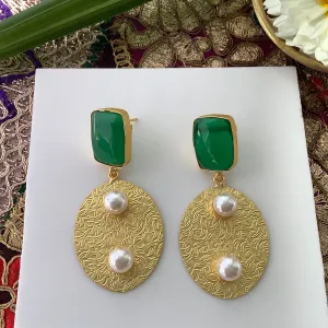 Salvanity Brass Gold - Two Pearls (दो मोती) 18 CT Matt Gold Plated Earrings - Green