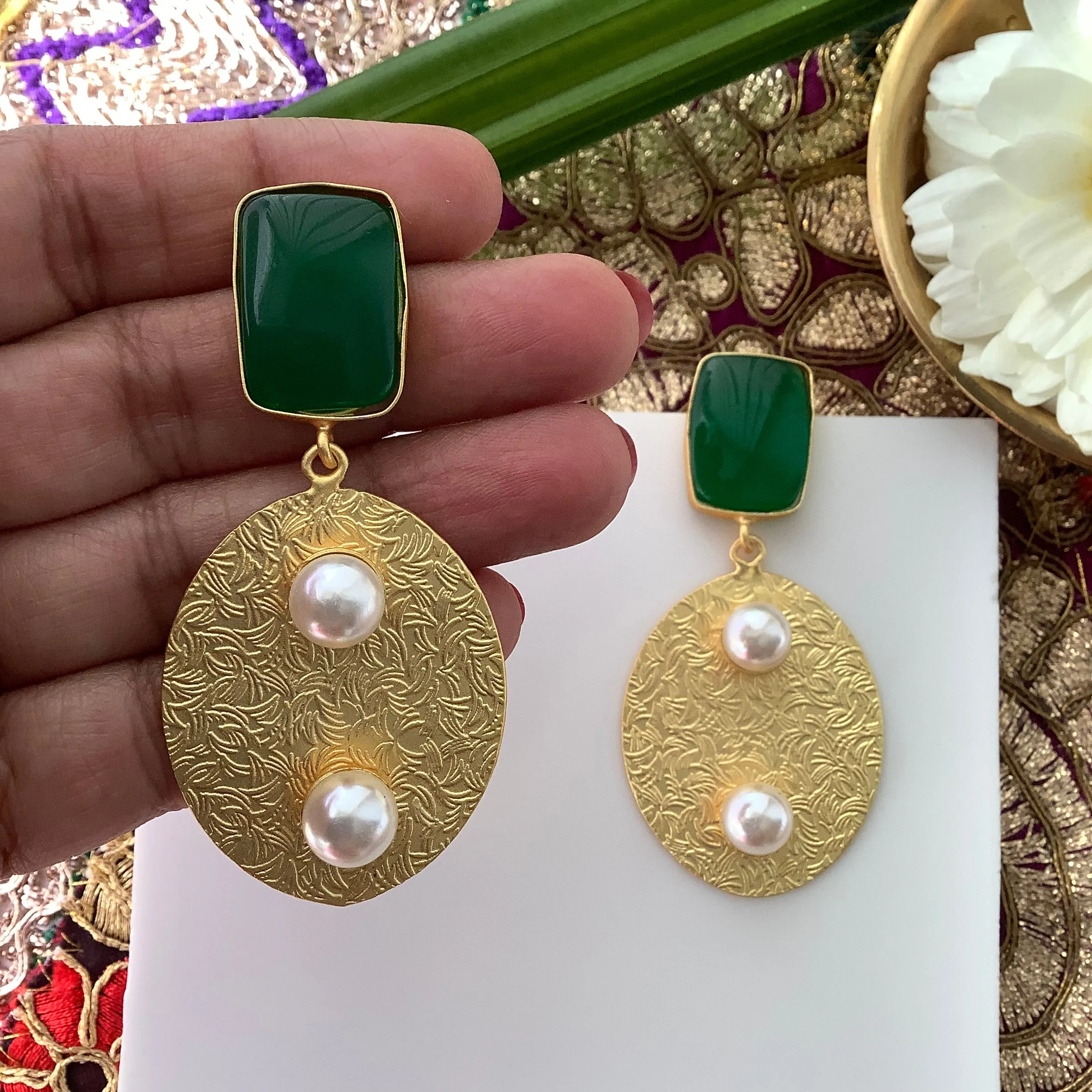 Salvanity Brass Gold - Two Pearls (दो मोती) 18 CT Matt Gold Plated Earrings - Green