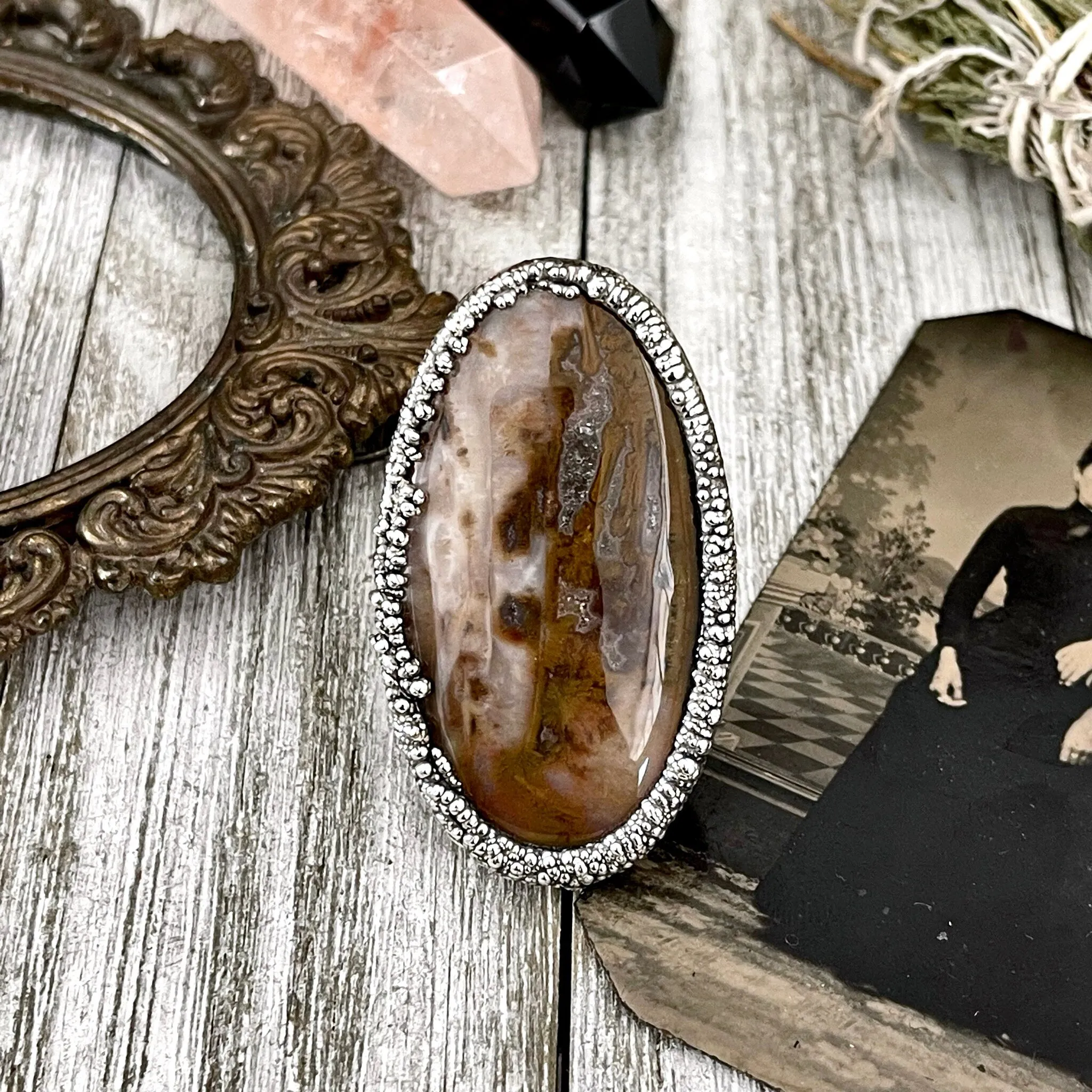 Size 9 Silver Natural Fancy Moss Agate Crystal Statement Ring / Foxlark Collection - One of a Kind