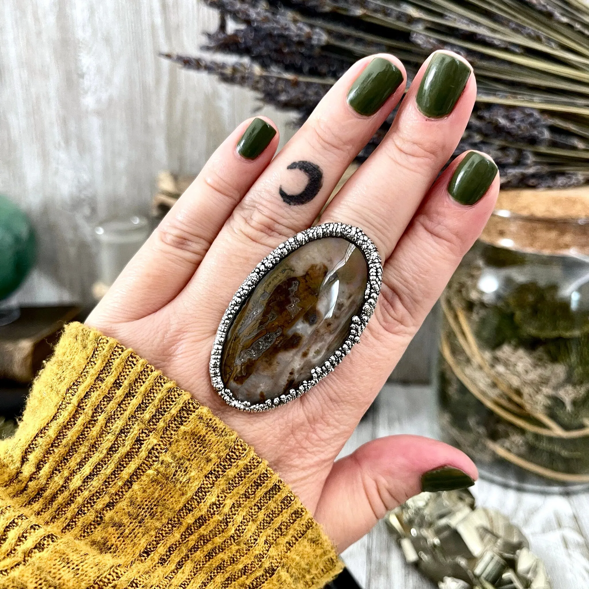 Size 9 Silver Natural Fancy Moss Agate Crystal Statement Ring / Foxlark Collection - One of a Kind