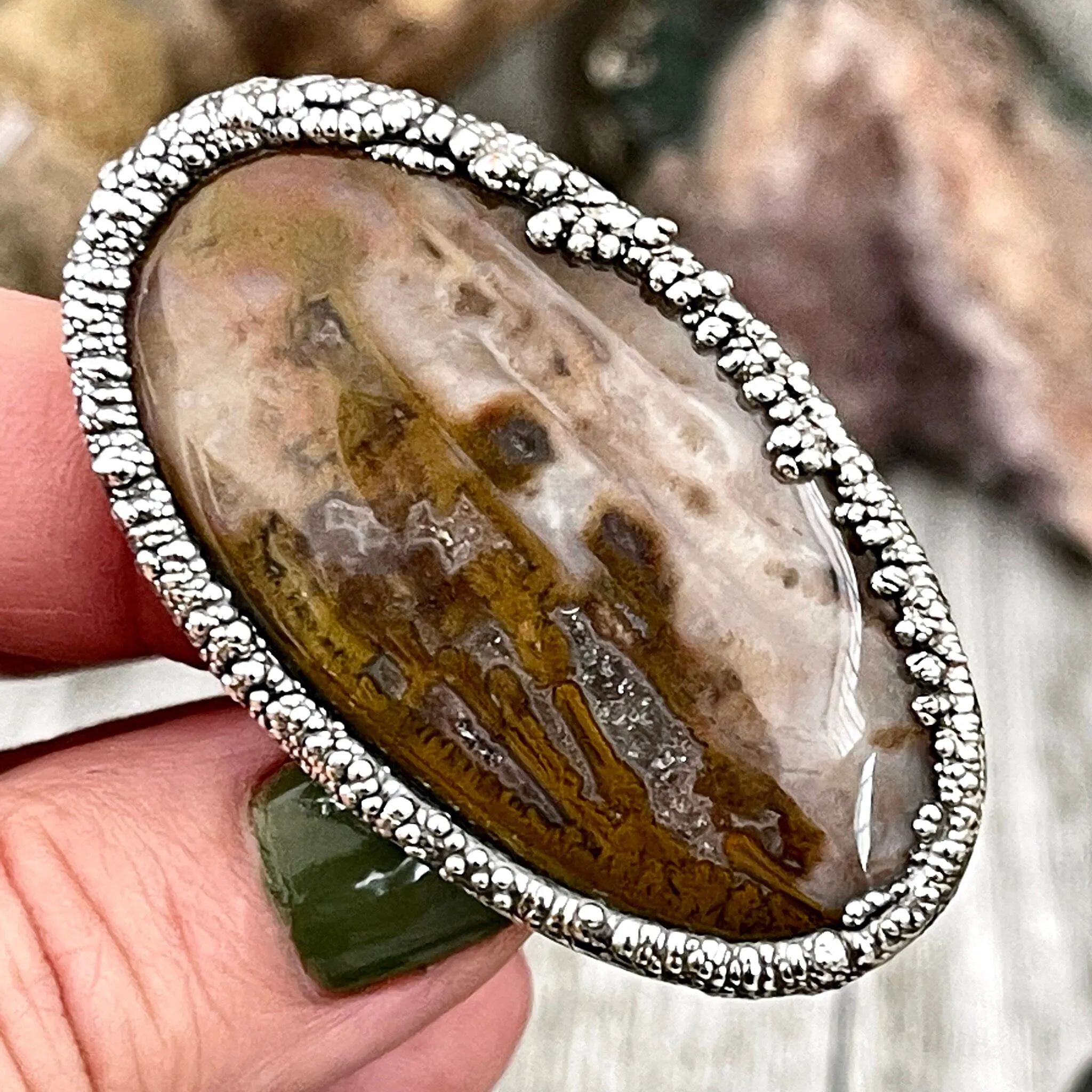 Size 9 Silver Natural Fancy Moss Agate Crystal Statement Ring / Foxlark Collection - One of a Kind